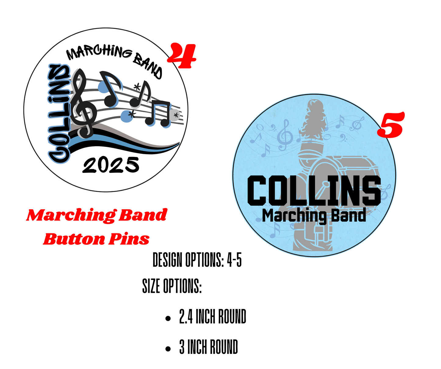Marching Band & Color Guard Button Pins- Size: 2.4 inch