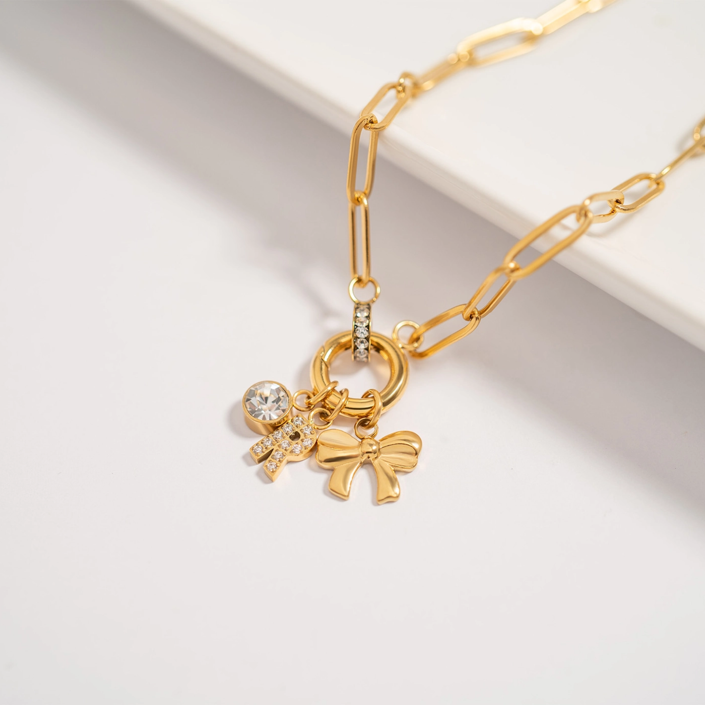 Paperclip Round Rhinestone Charm Holder Necklace