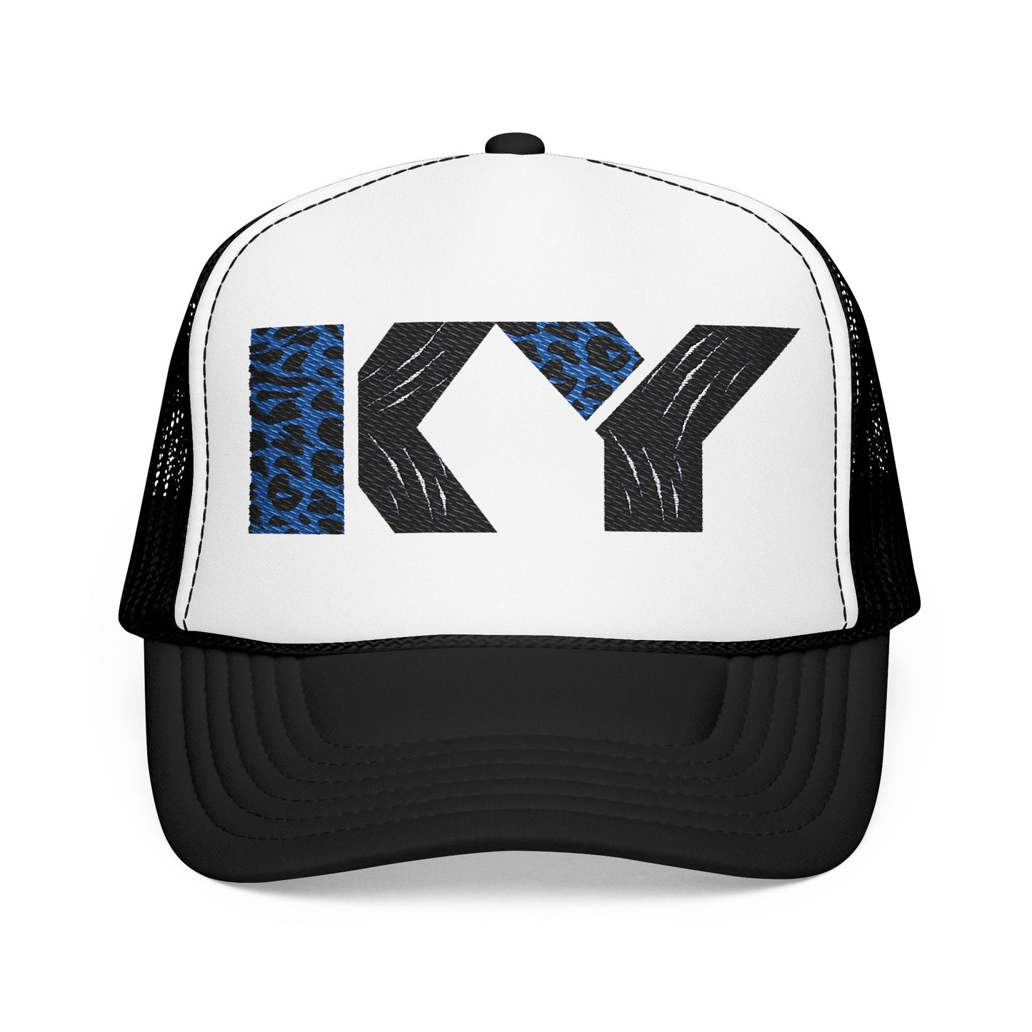 KY Foam Trucker Hat with Leopard Print Embroidery- KY Wildcats- White