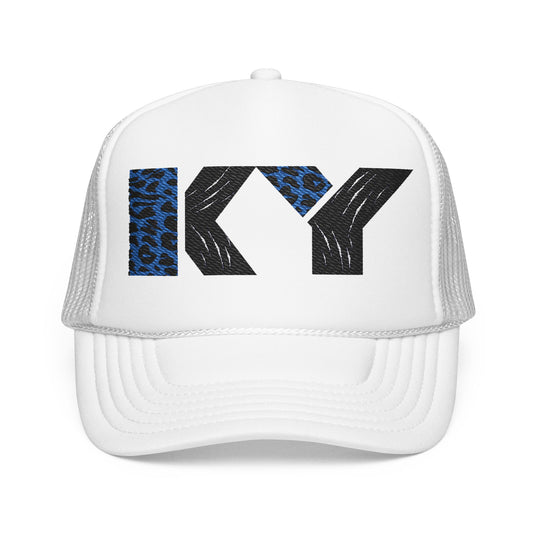 KY Foam Trucker Hat with Leopard Print Embroidery- KY Wildcats- White