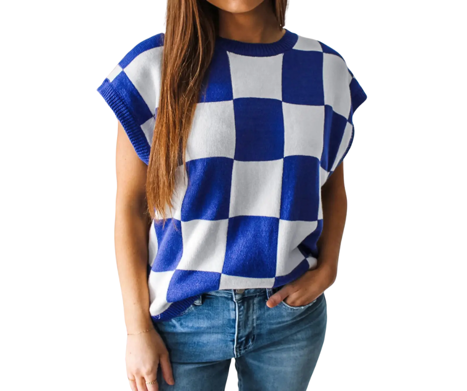 Checkerboard Round Neck Sweater Vest- Blue
