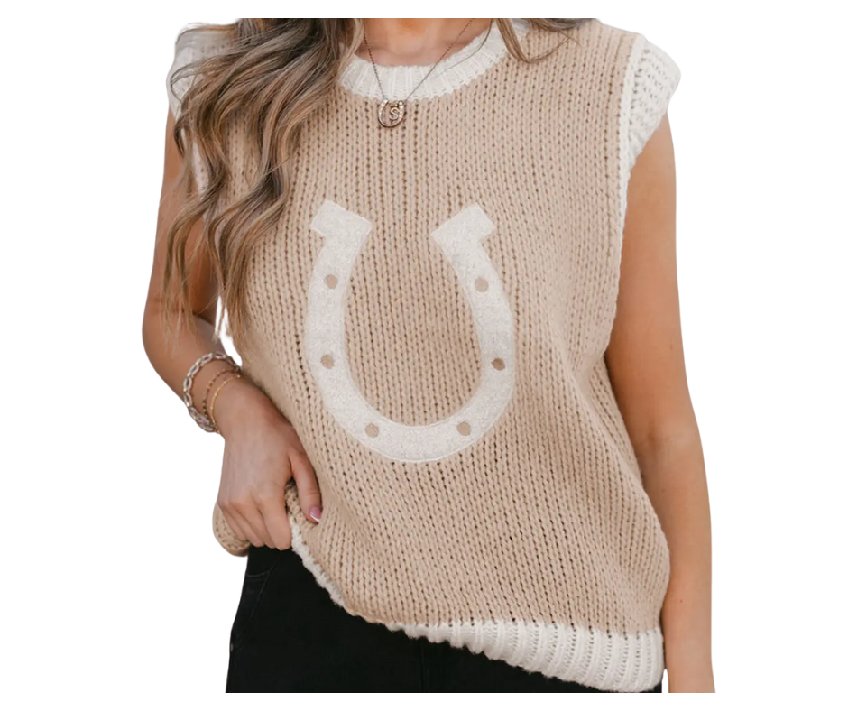 Woven Horseshoe Color Contrast Trim Sweater Vest