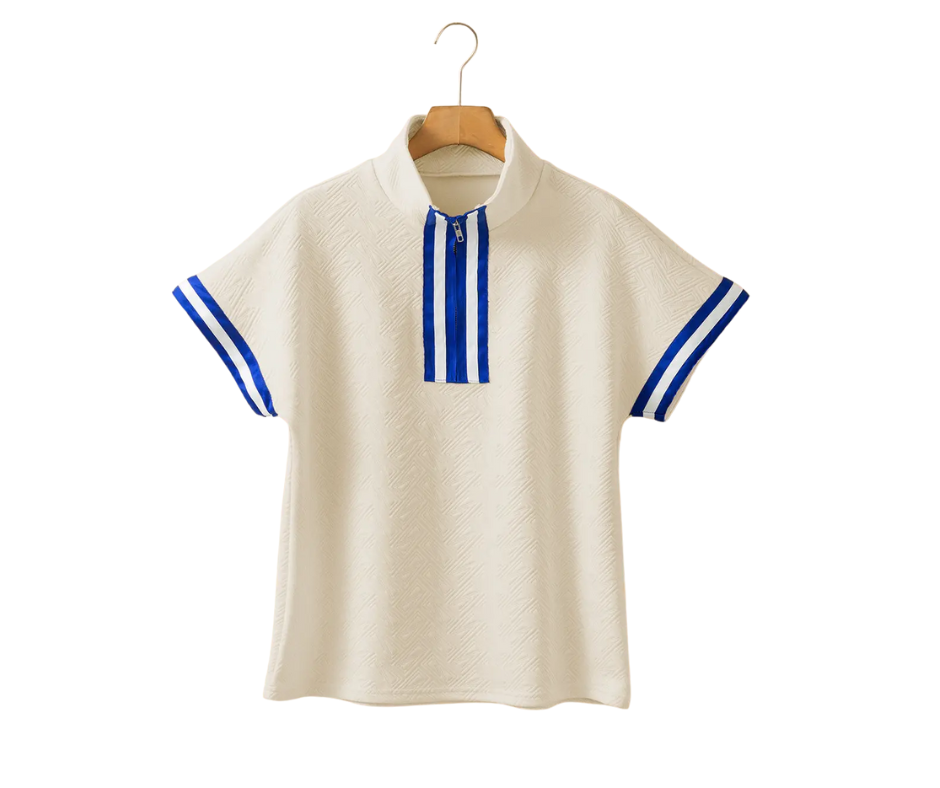 Beige Striped Trim Textured Short Sleeve Top