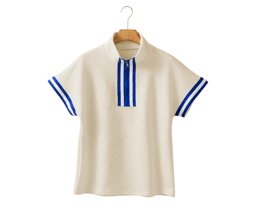 Beige Striped Trim Textured Short Sleeve Top