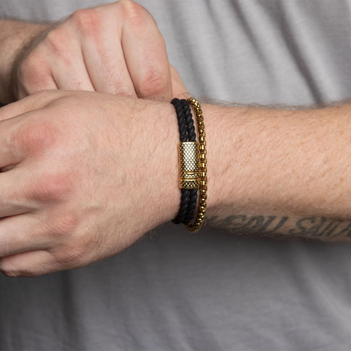 18K Gold Stainless Steel Rubber Metal Clasp Mens Bracelet