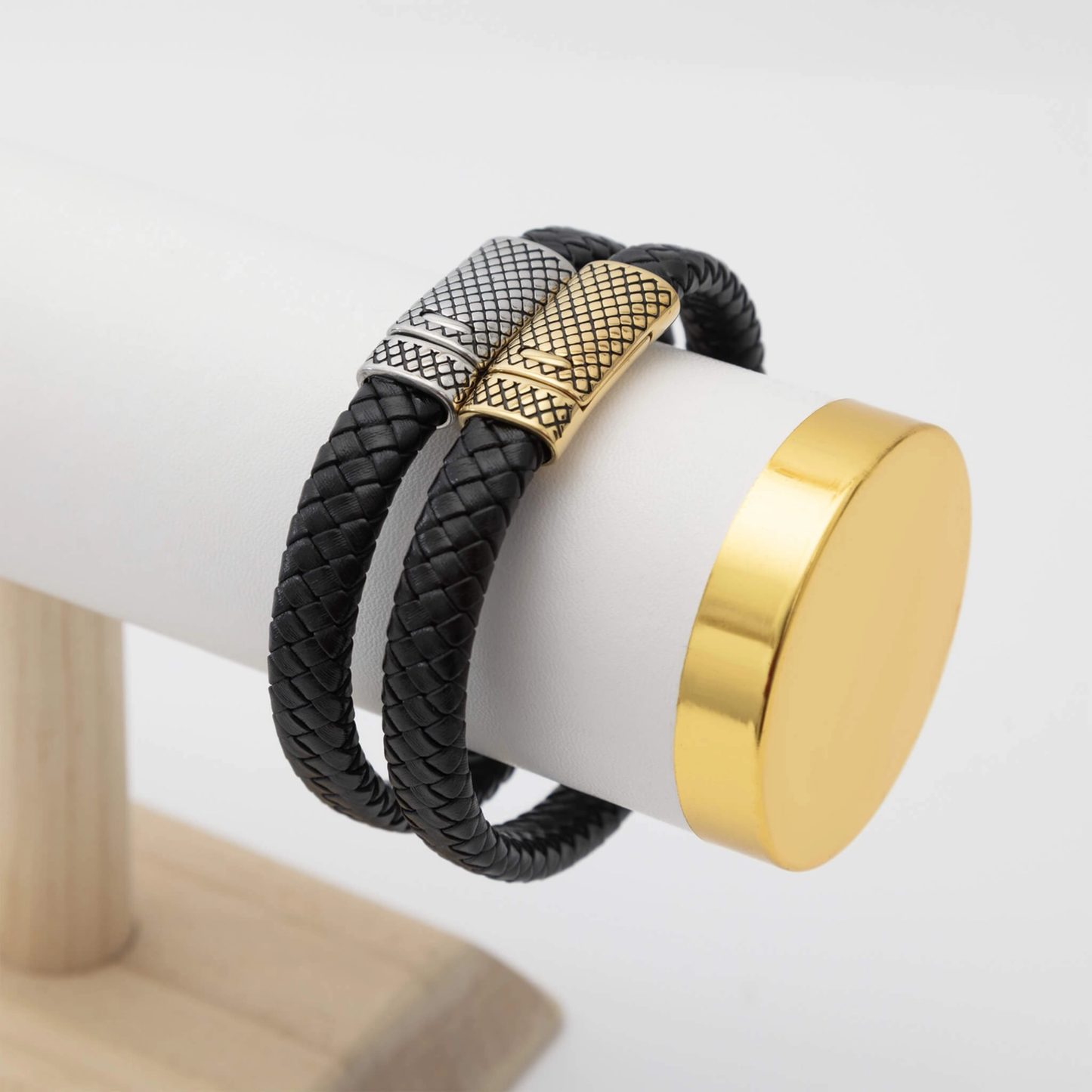 18K Gold Stainless Steel Leather Metal Clasp Mens Bracelet