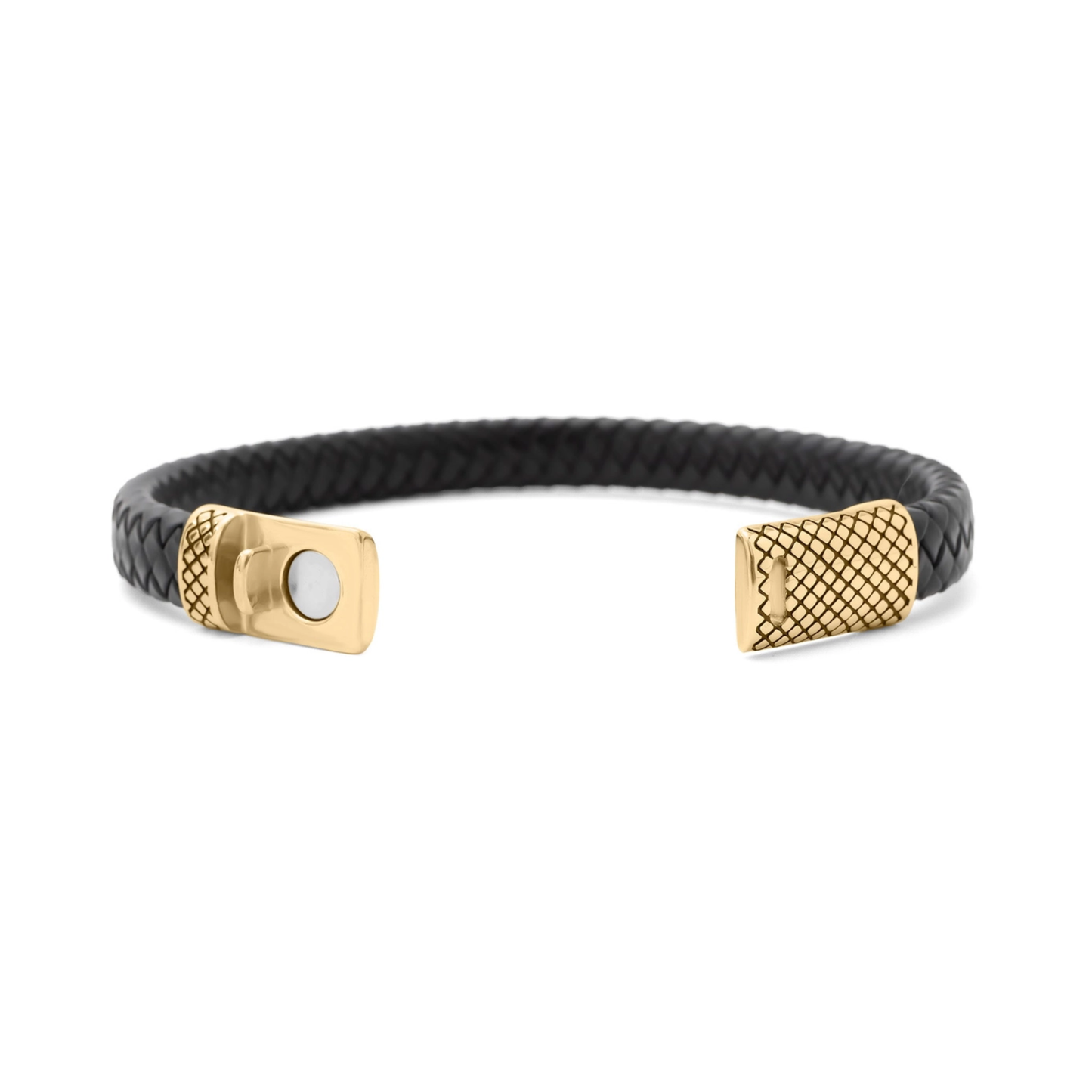 18K Gold Stainless Steel Leather Metal Clasp Mens Bracelet