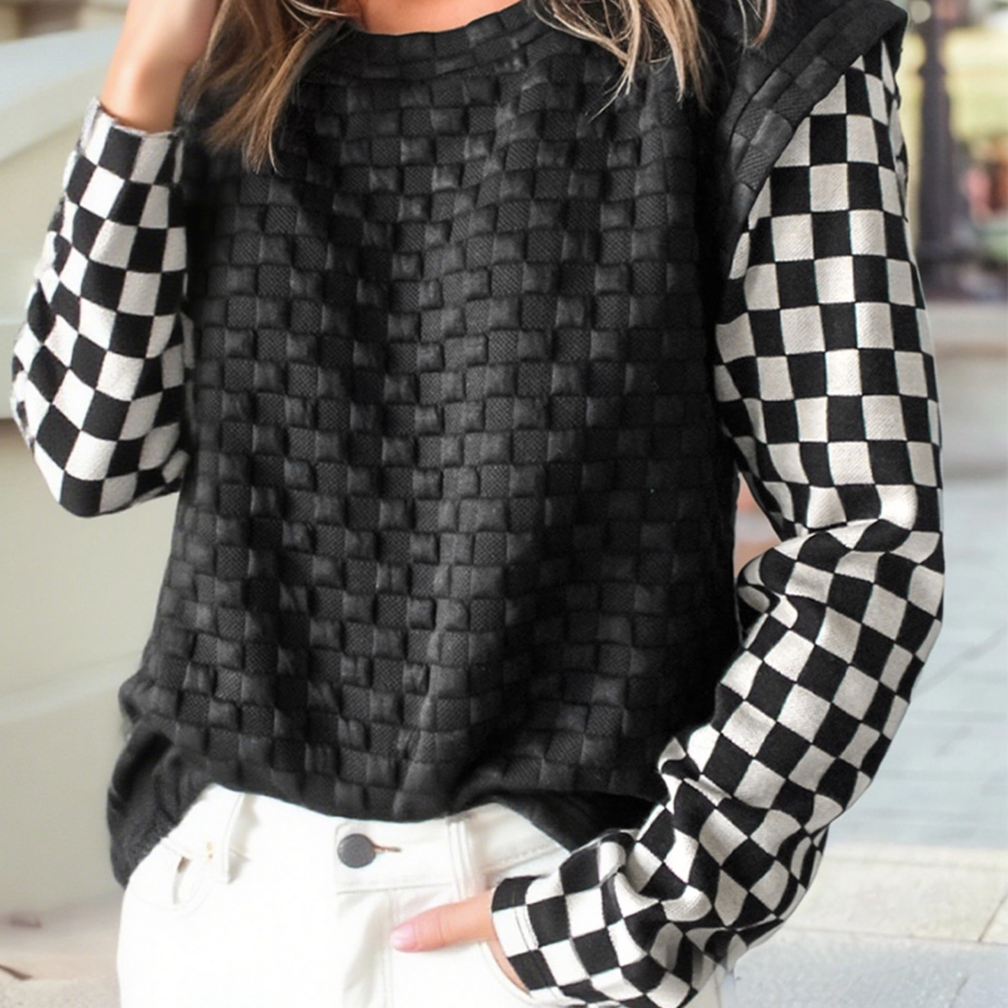 Checkered Patchwork Long Sleeve Top