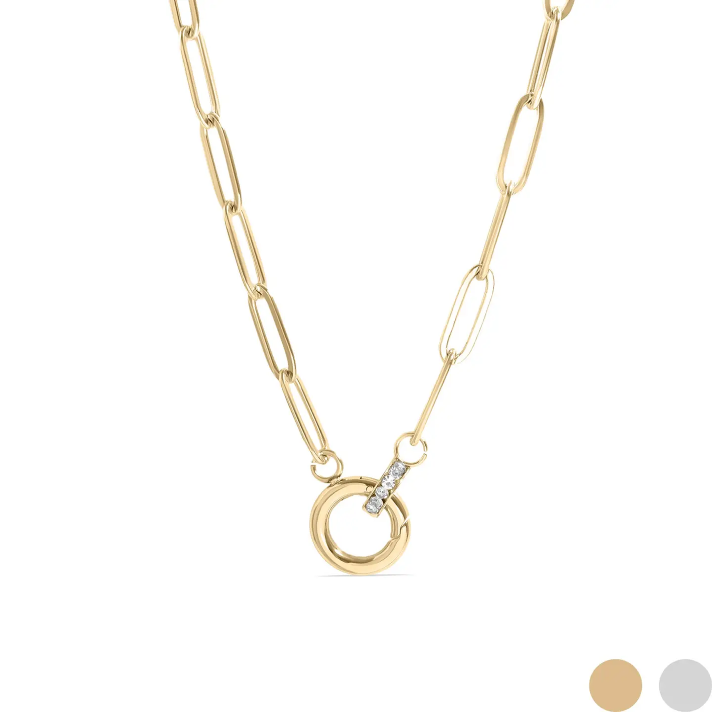 Paperclip Round Rhinestone Charm  Holder Necklace