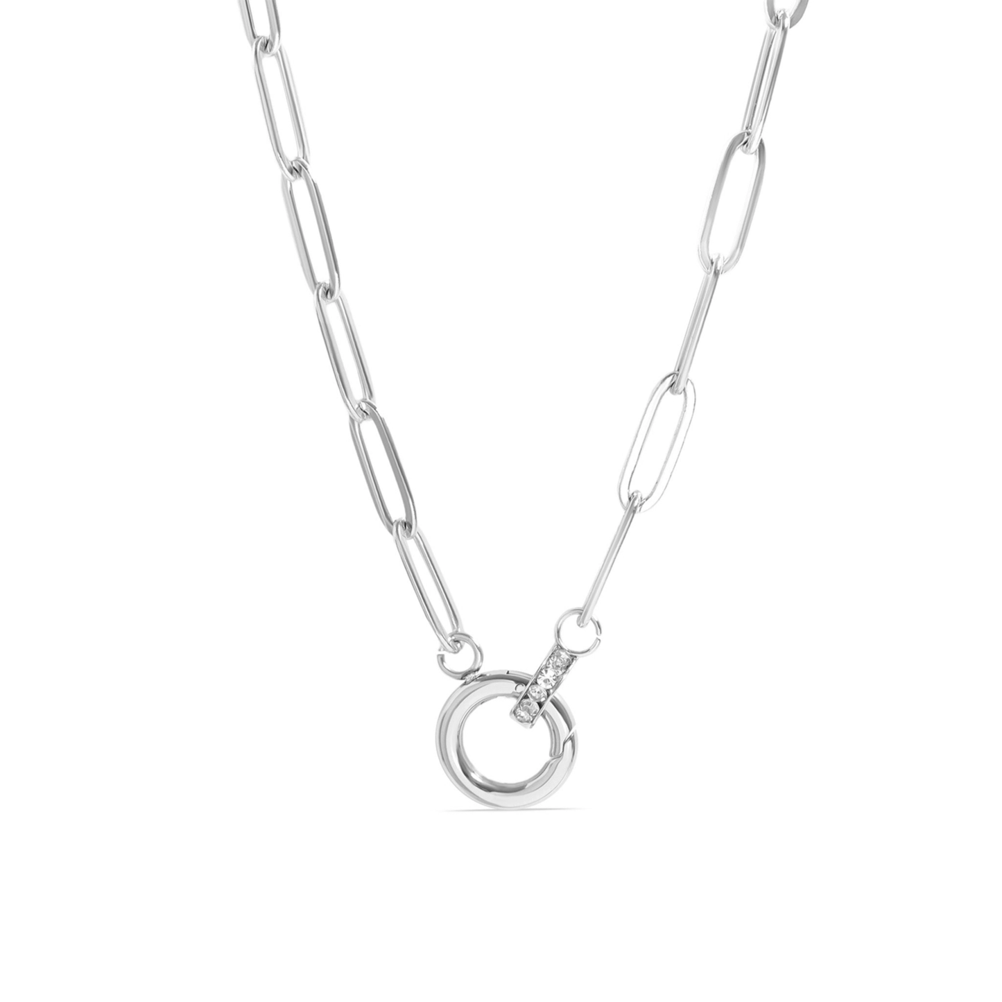Paperclip Round Rhinestone Charm  Holder Necklace
