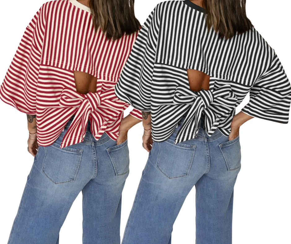 Stripe Bowknot Cutout Back Drop Shoulder Wide Bracelet Sleeve Loose Tee