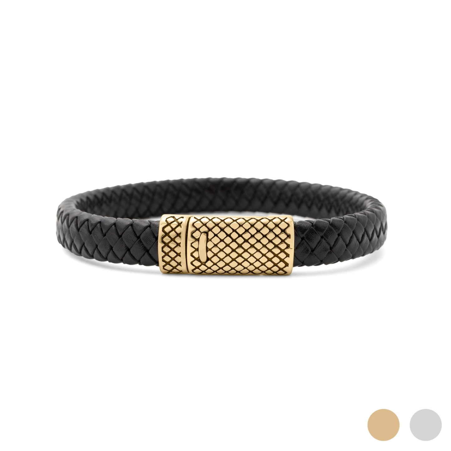 18K Gold Stainless Steel Leather Metal Clasp Mens Bracelet